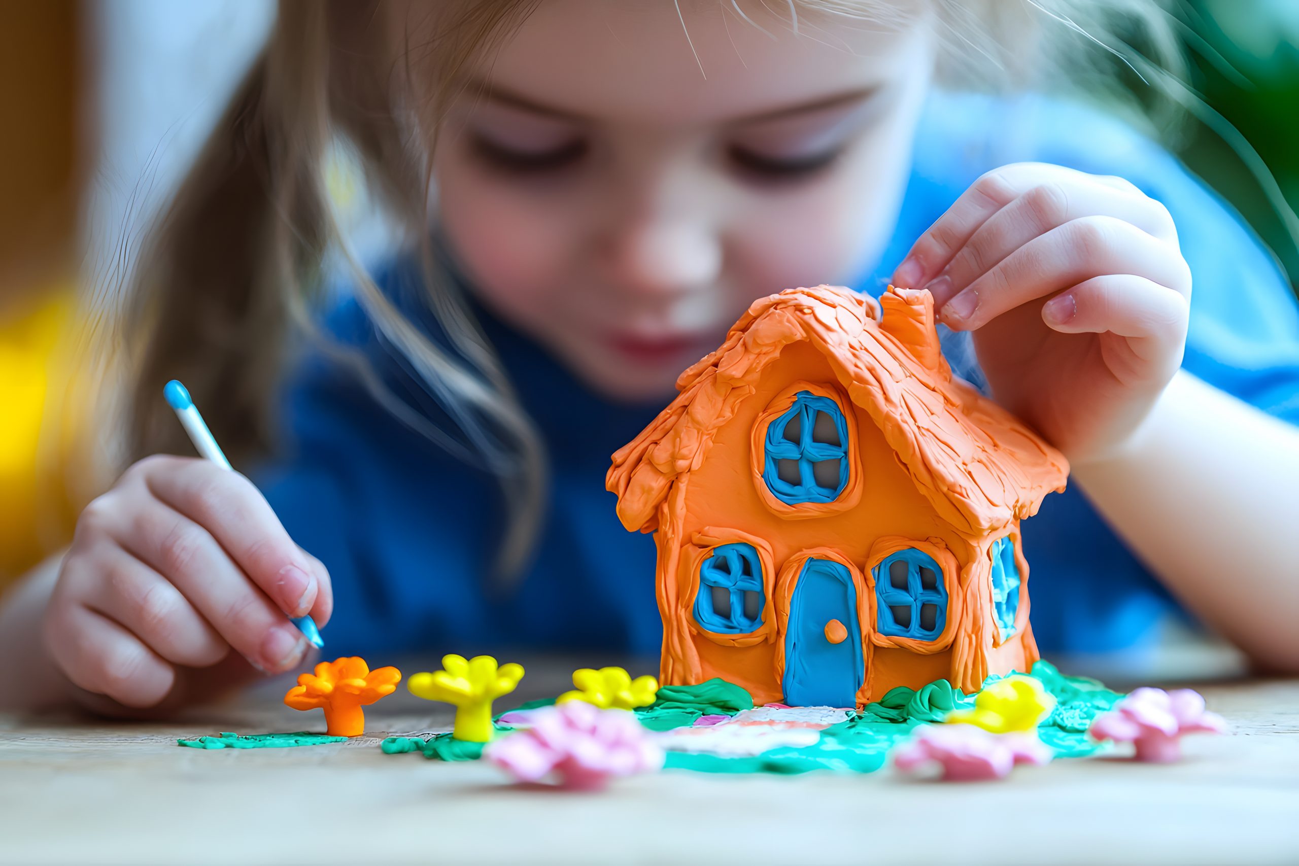 Home little girl is painting a house with flowers on it. she is using a brush and is focused on her work