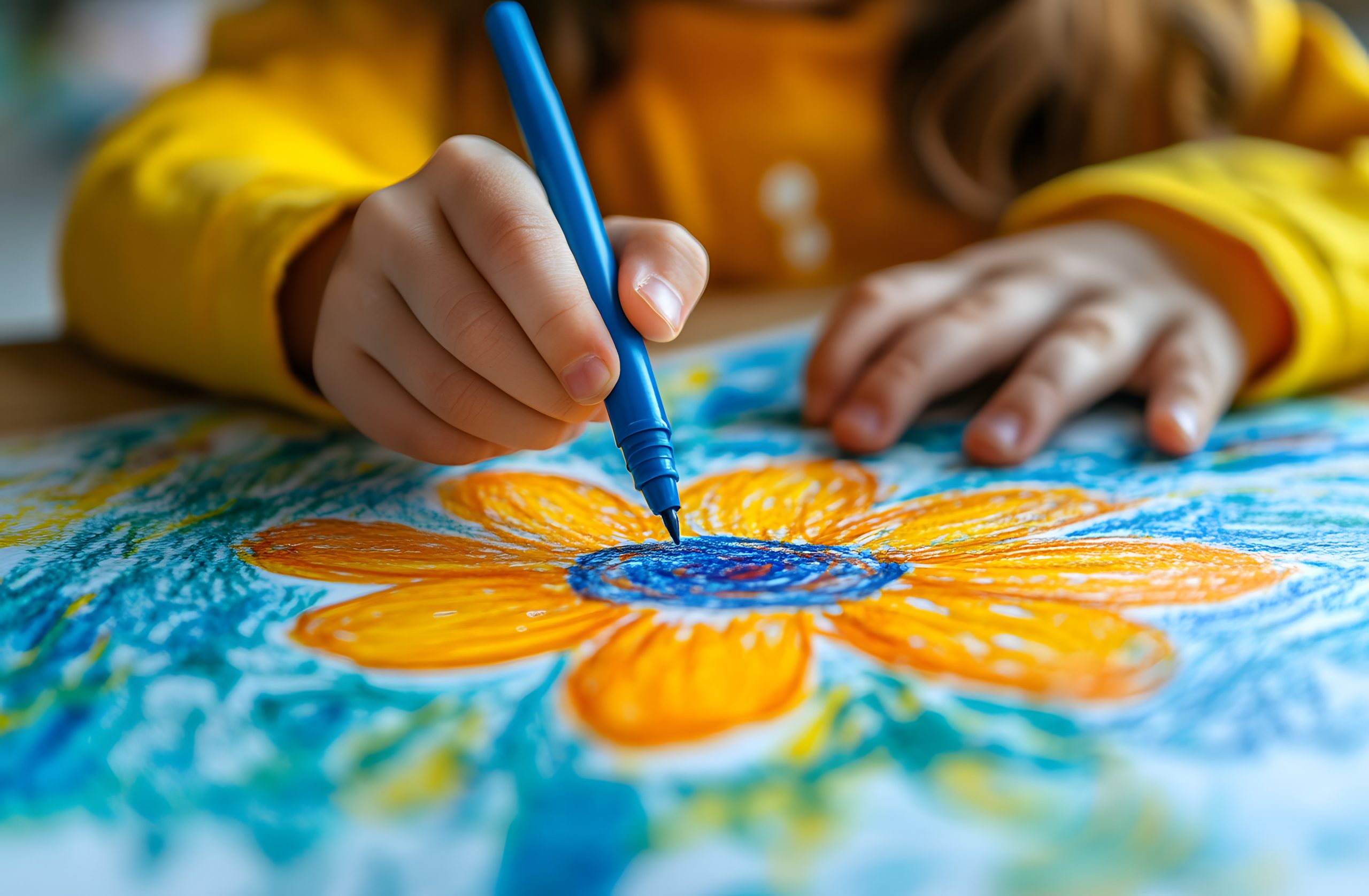 Home close up view child hands drawing flower with blue marker. kid creates colorful art at summer camp or kindergarten. learning about nature through creativity, eco friendly craft concept.
