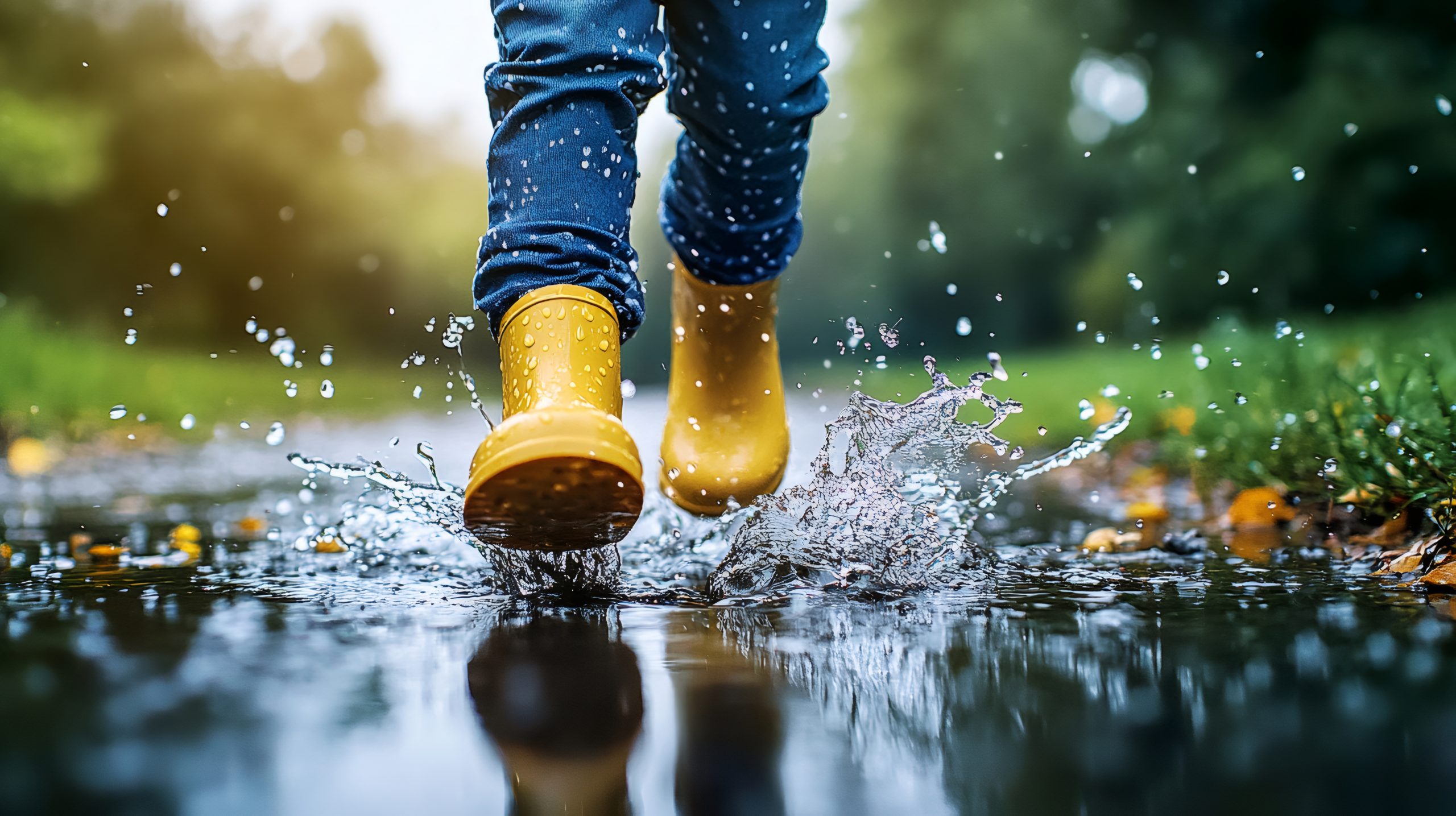 Home child with yellow boots running through puddle splashing water