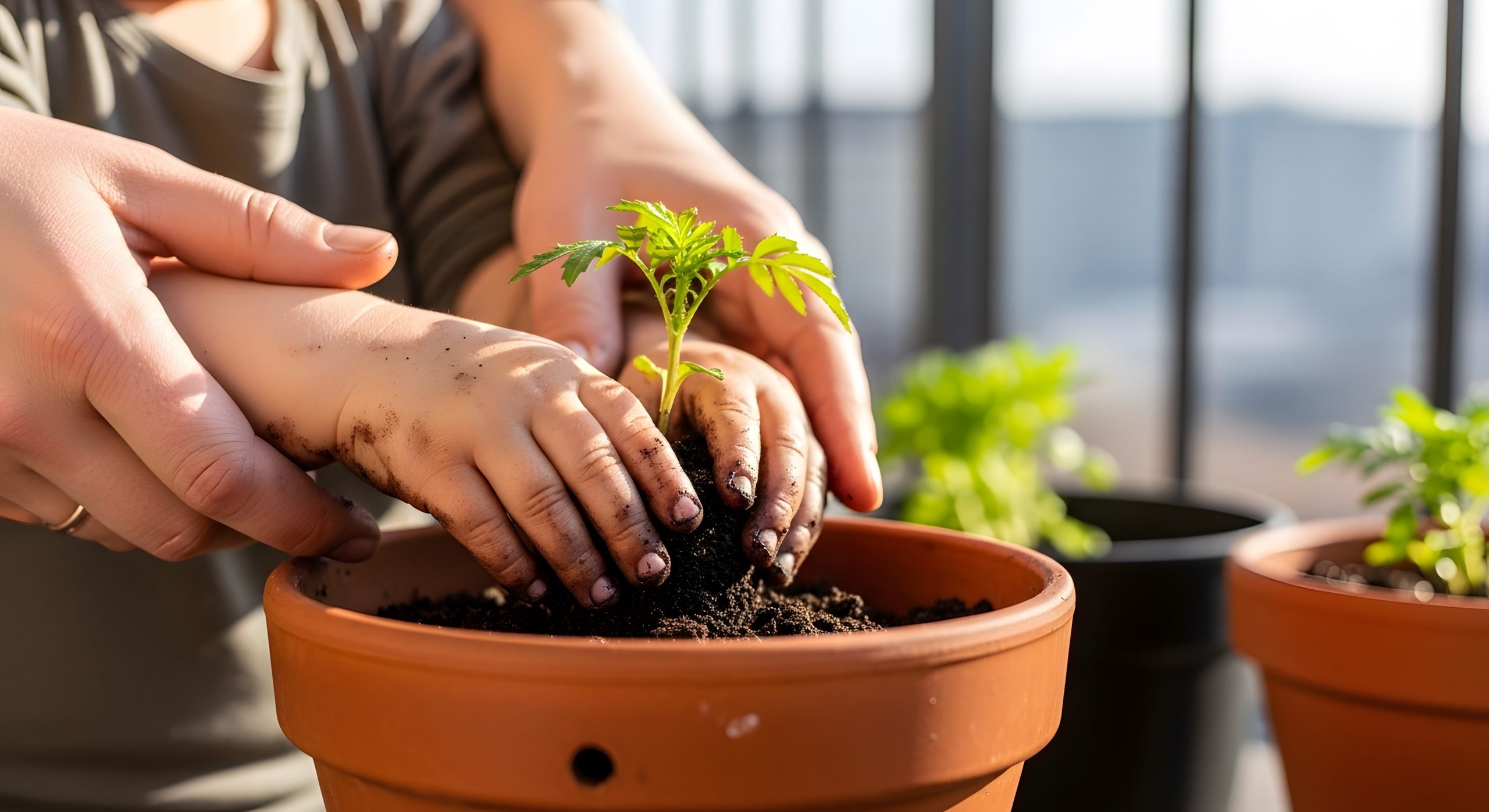 Home caring hands planting new life in potted soil, growth, nurturing, family, gardening
